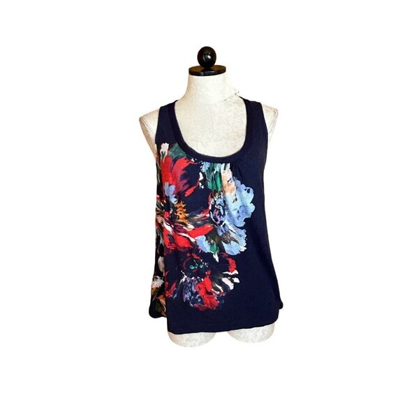 Akemi + Kin Anthropologie Blouse Sleeveless Blue Knit Floral Blouse Top Size XS - Picture 1 of 11